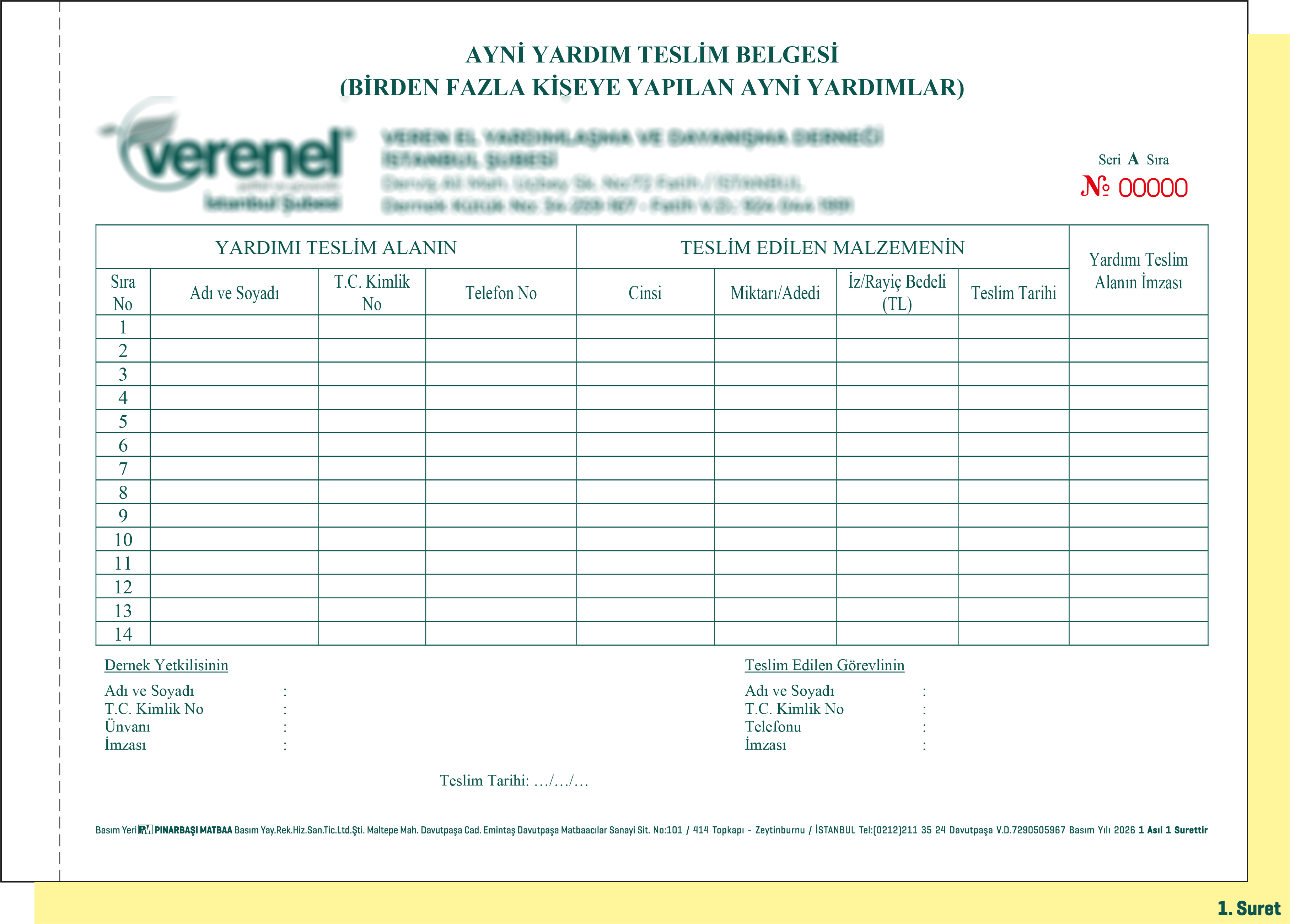AYNİ YARDIM TESLİM BELGESİ - BİRDEN FAZLA KİŞİYE YAPILAN A4